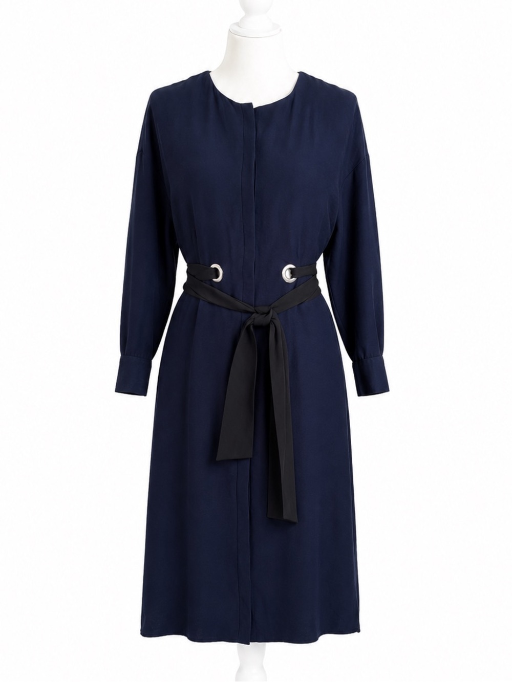 Zara Grommet Belted Viscose Shirt Dress Navy Blue XS